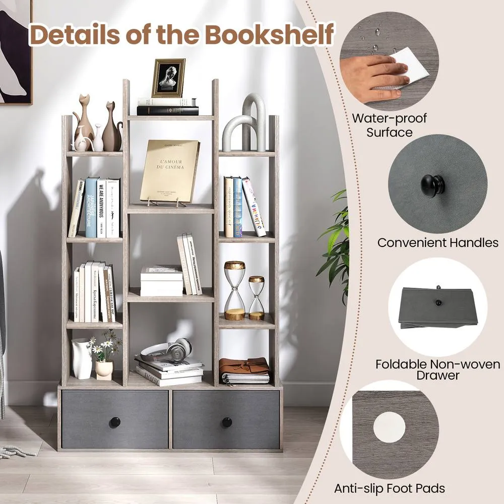 Costway 12 Tier Bookshelf Open Storage Wood Bookcase Organizer Display Shelf in Grey 3