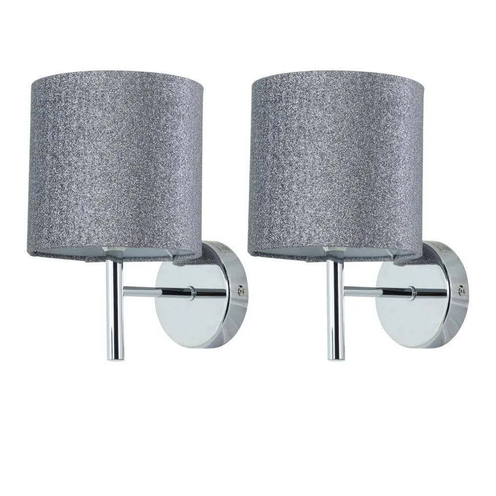 First Choice Lighting Set of 2 Brea - Chrome Wall Lights with Silvery Glitter Shades in Silver