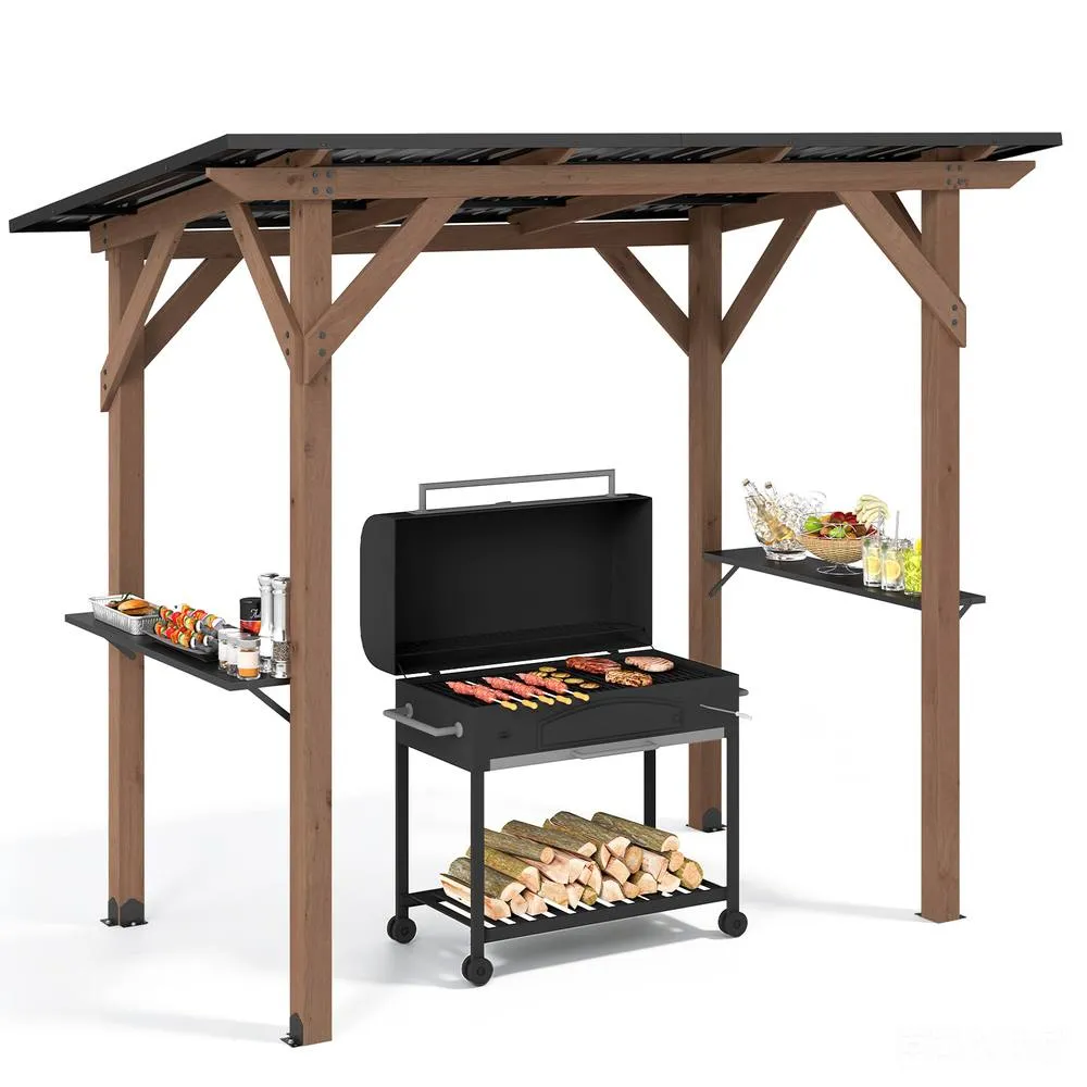 Costway Grill Gazebo Cedar Wood BBQ Gazebo with 2 Side Serving Shelves in Brown 3