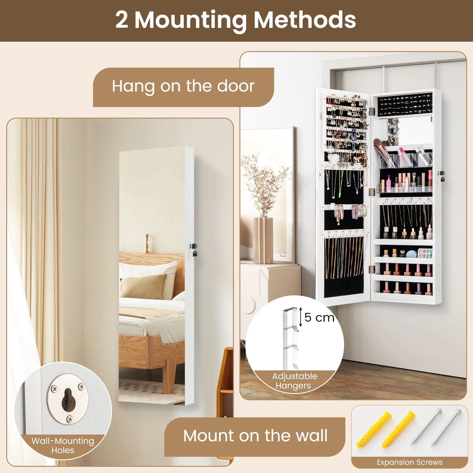Costway Door Hanging Jewellery Cabinet Wall Mounted Jewelry Armoire w/ Full Length Mirro Lockable Cosmetics Jewellery Organiser Unit in White 4