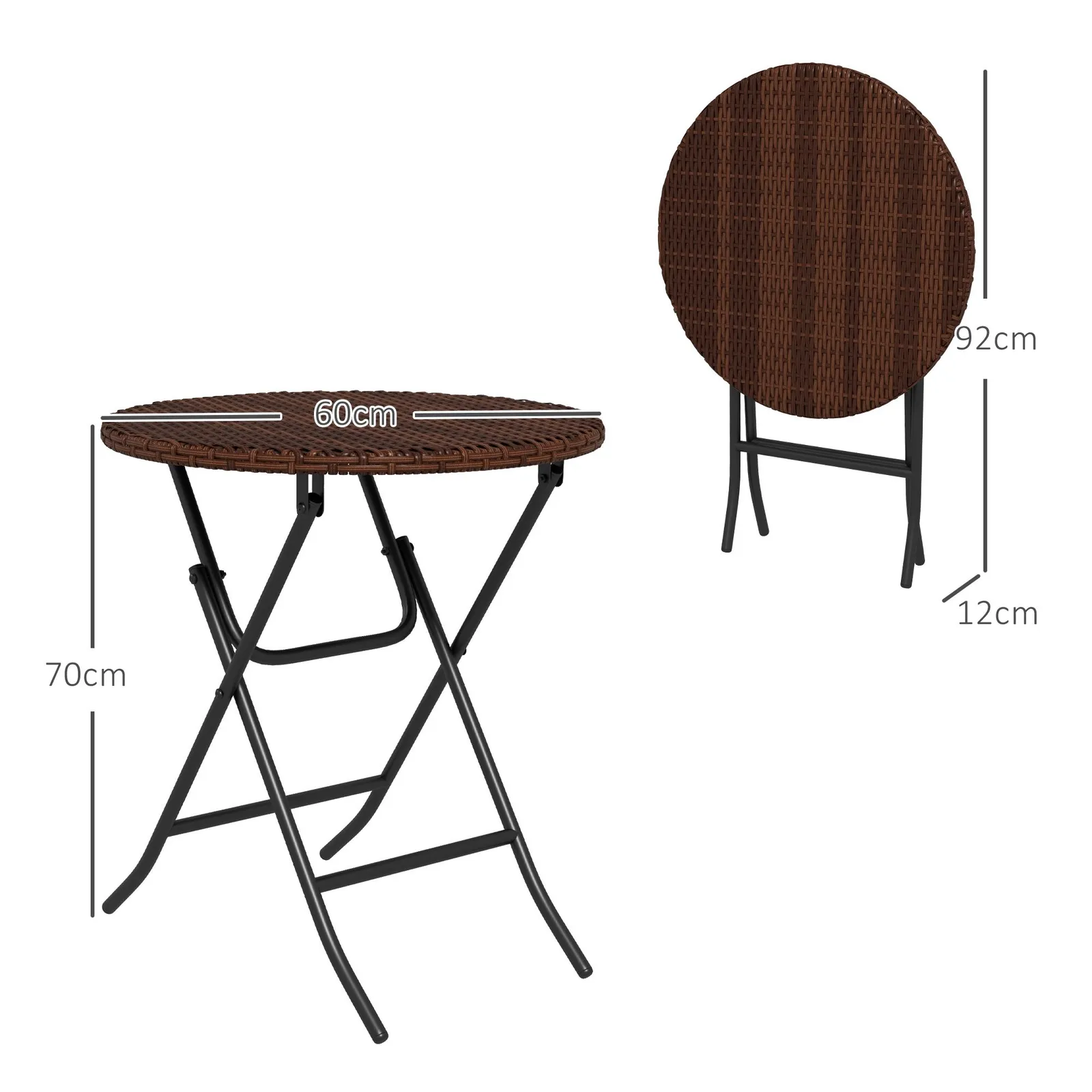 OUTSUNNY Foldable Outdoor Coffee Table, Metal Frame PE Rattan Side Table, Mixed Brown 3