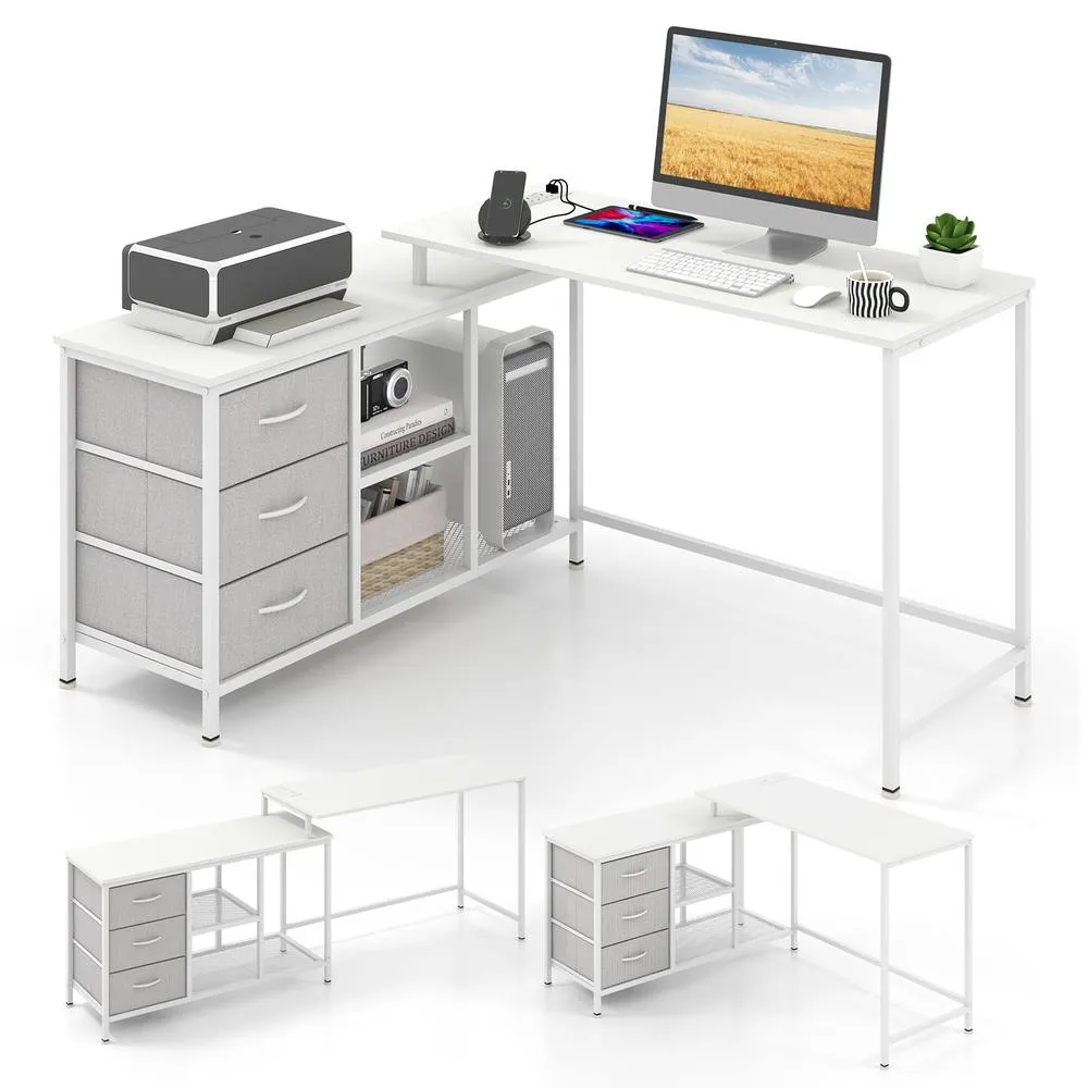 Costway L-Shaped Computer Desk with Drawers & Shelves in White