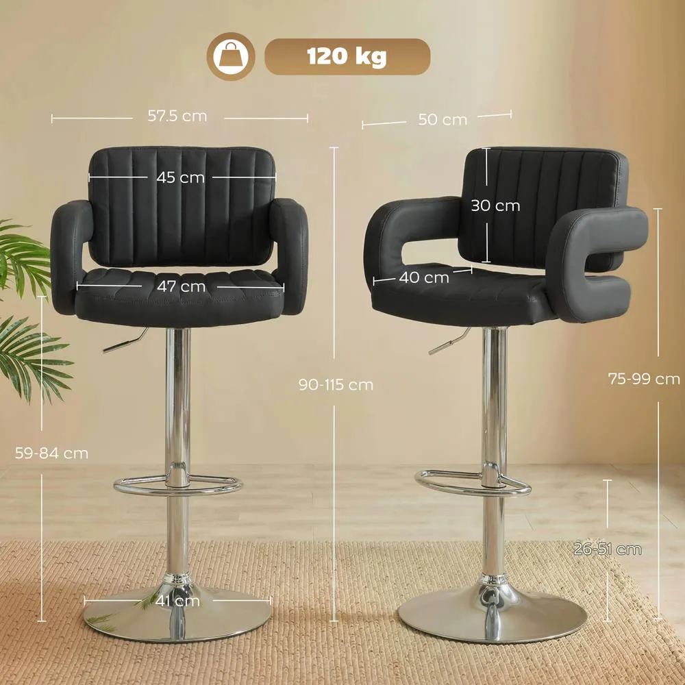 HOMCOM Bar Stools Adjustable Swivel with Armrest Set of 2 Black 3