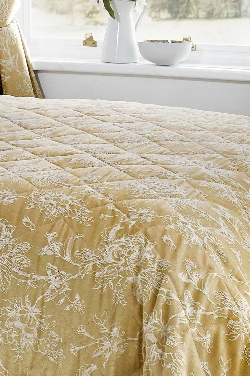 Dreams & Drapes 'Jasmine' Elegant Floral Jacquard Quilted Bedspread in Beige 4