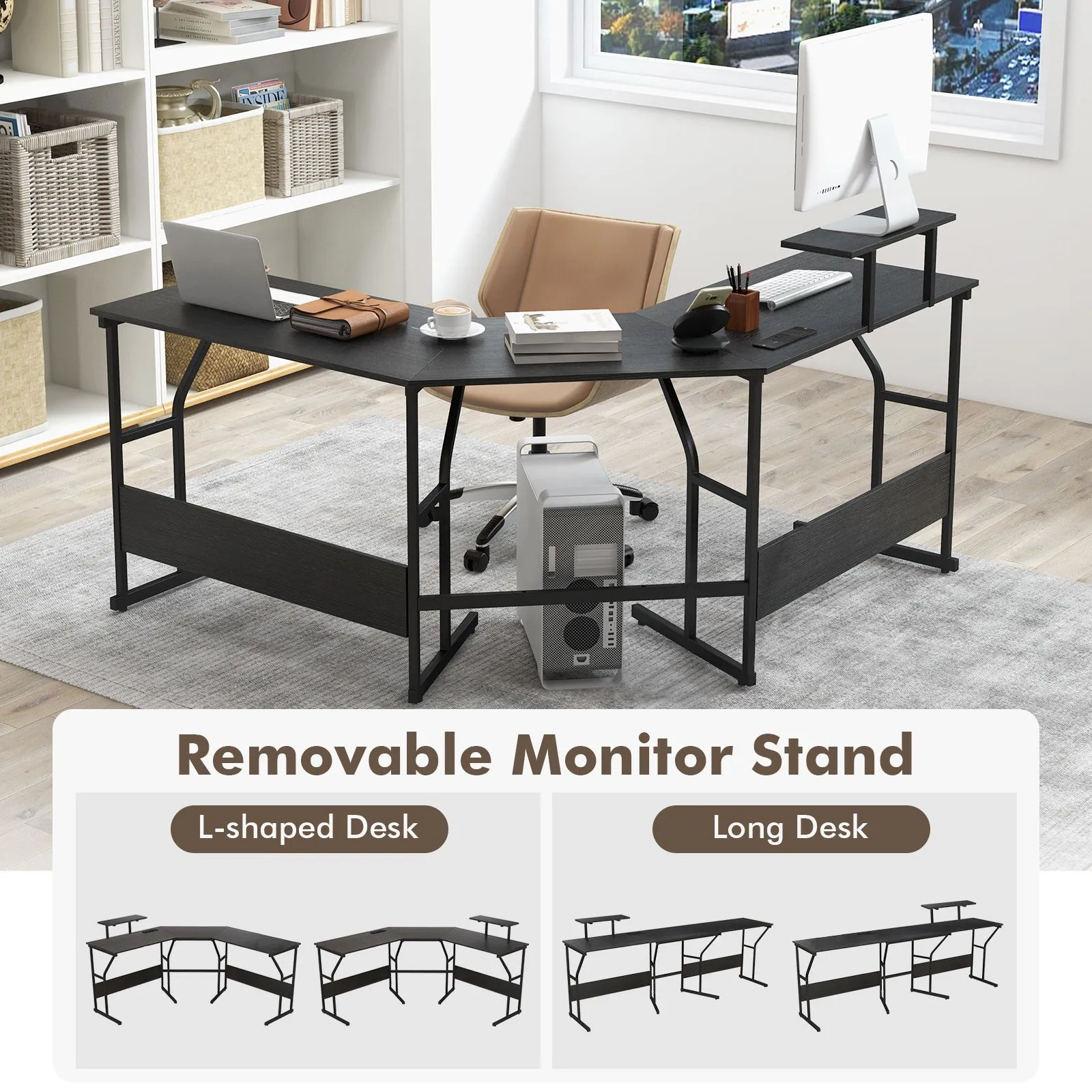 Costway L shaped Desk Long 2 Person Corner Computer Desk with Monitor Stand in Black 6