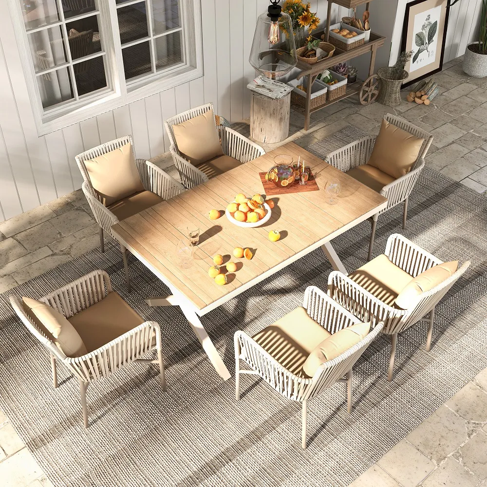 7-Pieces Outdoor Dining Set with Wood-Top Trestle Table and 6 Woven Rattan Armchair