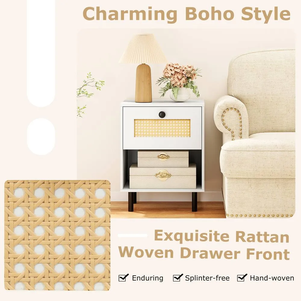 Costway Rattan Nightstand Boho Style Bedside Table with Drawer & Open Storage Shelf in White 6