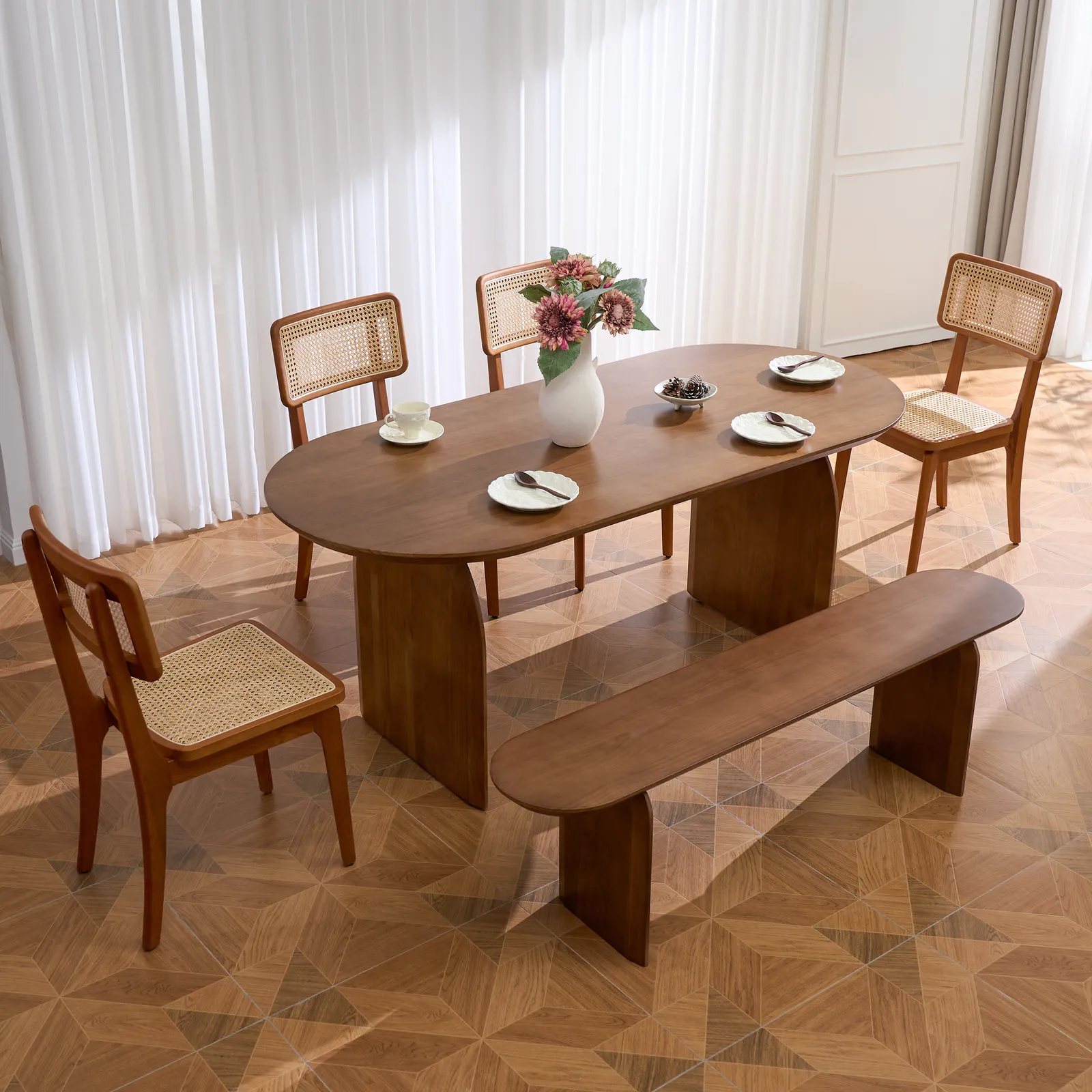 Oval Dining Table Solid Wood Top & Pedestals for 6 Tintica Japandi