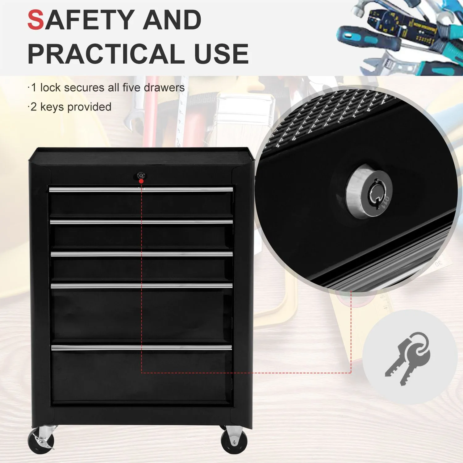 HOMCOM 5-Drawer Lockable Steel Tool Storage Cabinet Wheels Handle 2 Keys in Black 4