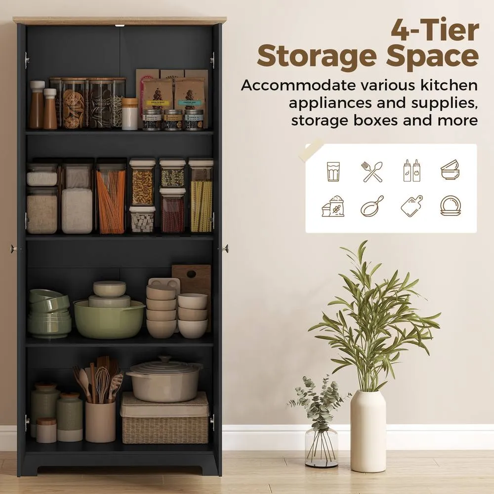 HOMCOM 172cm Wooden Storage Cabinet Cupboard With 2 Doors 4 Shelves Pantry in Black 4