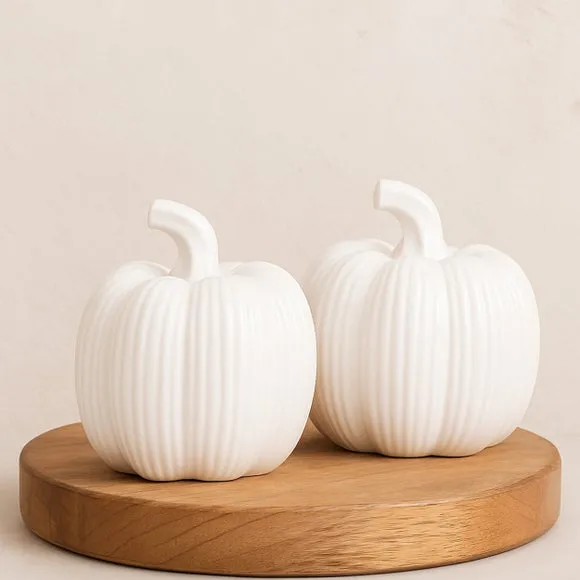 Country Living Set of 2 Tall White Ceramic Pumpkin Ornaments