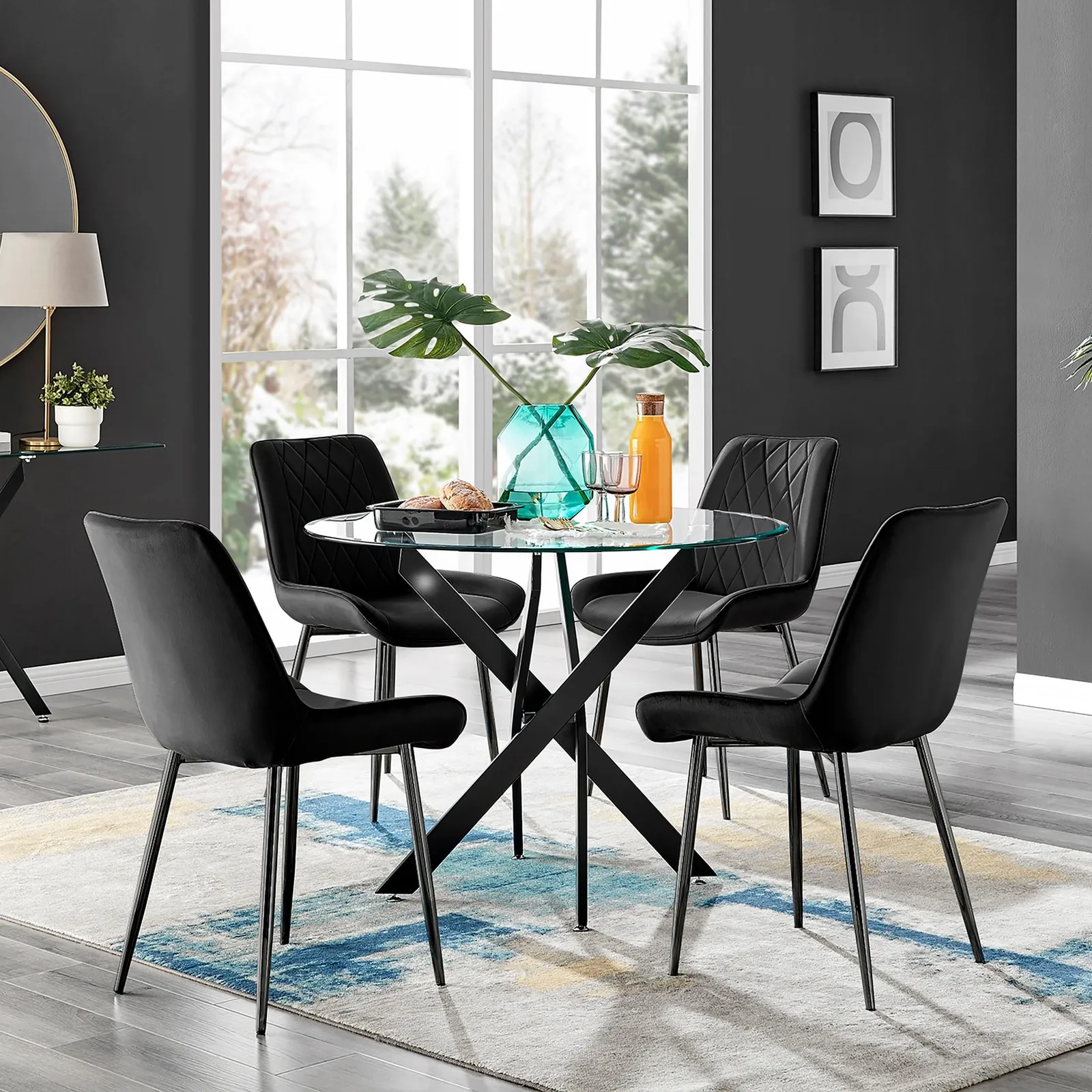 FurnitureboxUK Novara 4 Seater Black Leg Round Glass Dining Table & 4 Pesaro Soft Velvet Black Leg Chairs 1