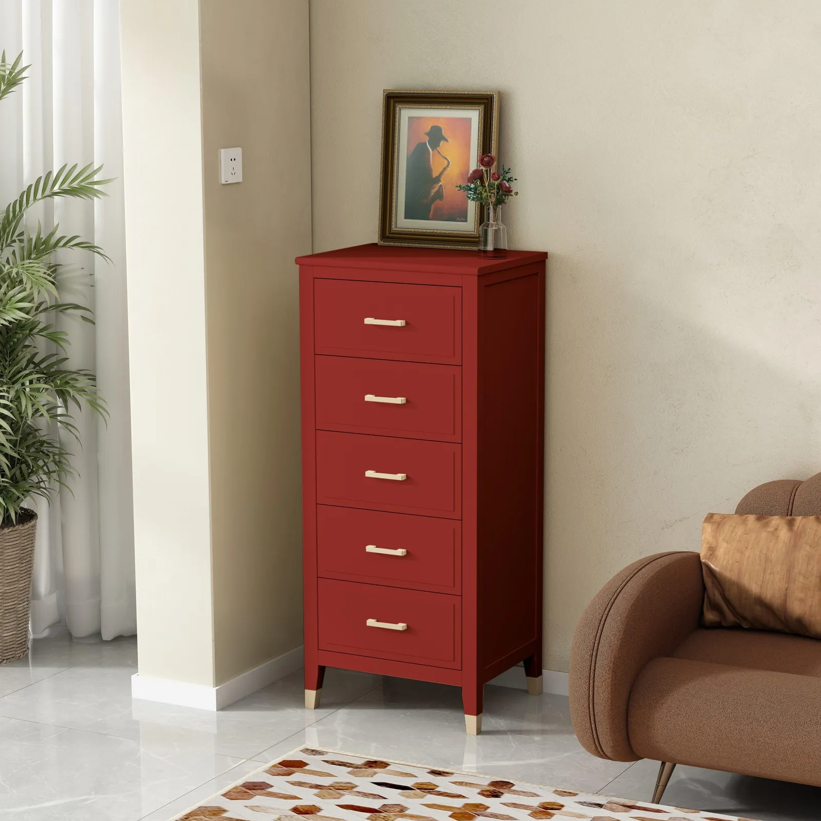 Cabinet Bits Palazzi 5 Drawer Narrow Chest of Drawers in Red 1
