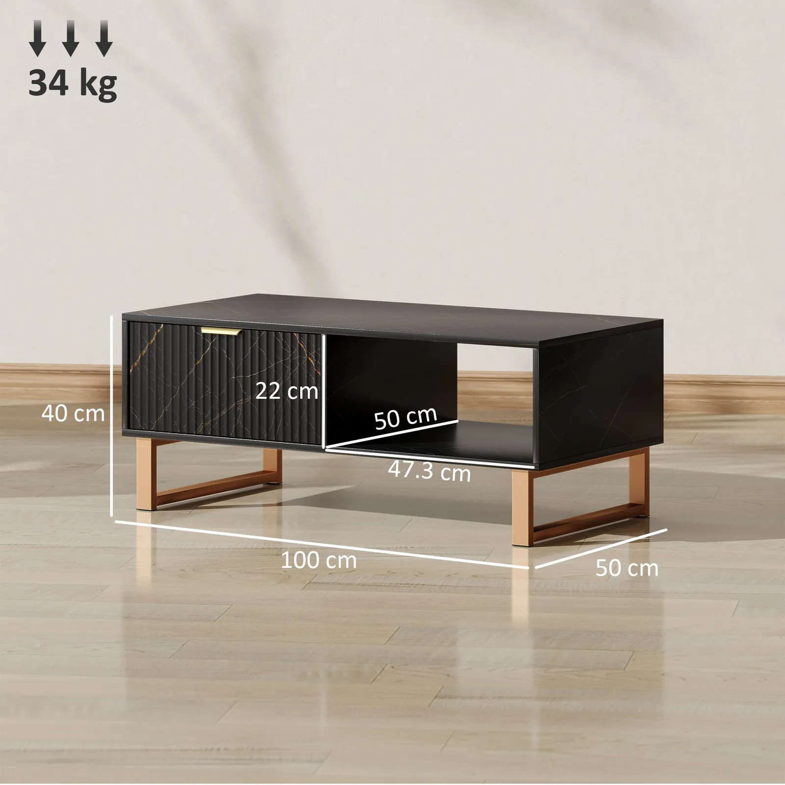 HOMCOM Coffee Table, Living Room Table with Drawer & Open Shelves in Black 3