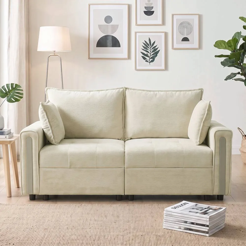 HOMCOM 2 Seater Sofa with Lift-Up Storage, 168 cm Velvet Couch, Beige 2