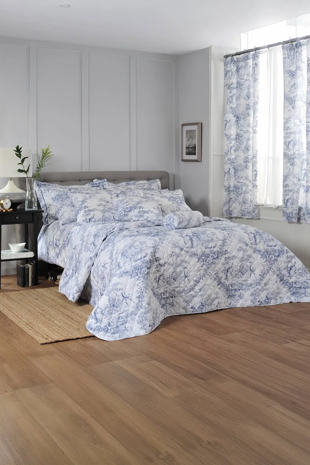 The Lyndon Company Toile de Jouy Long Bolster Filled Cushion in Blue 2