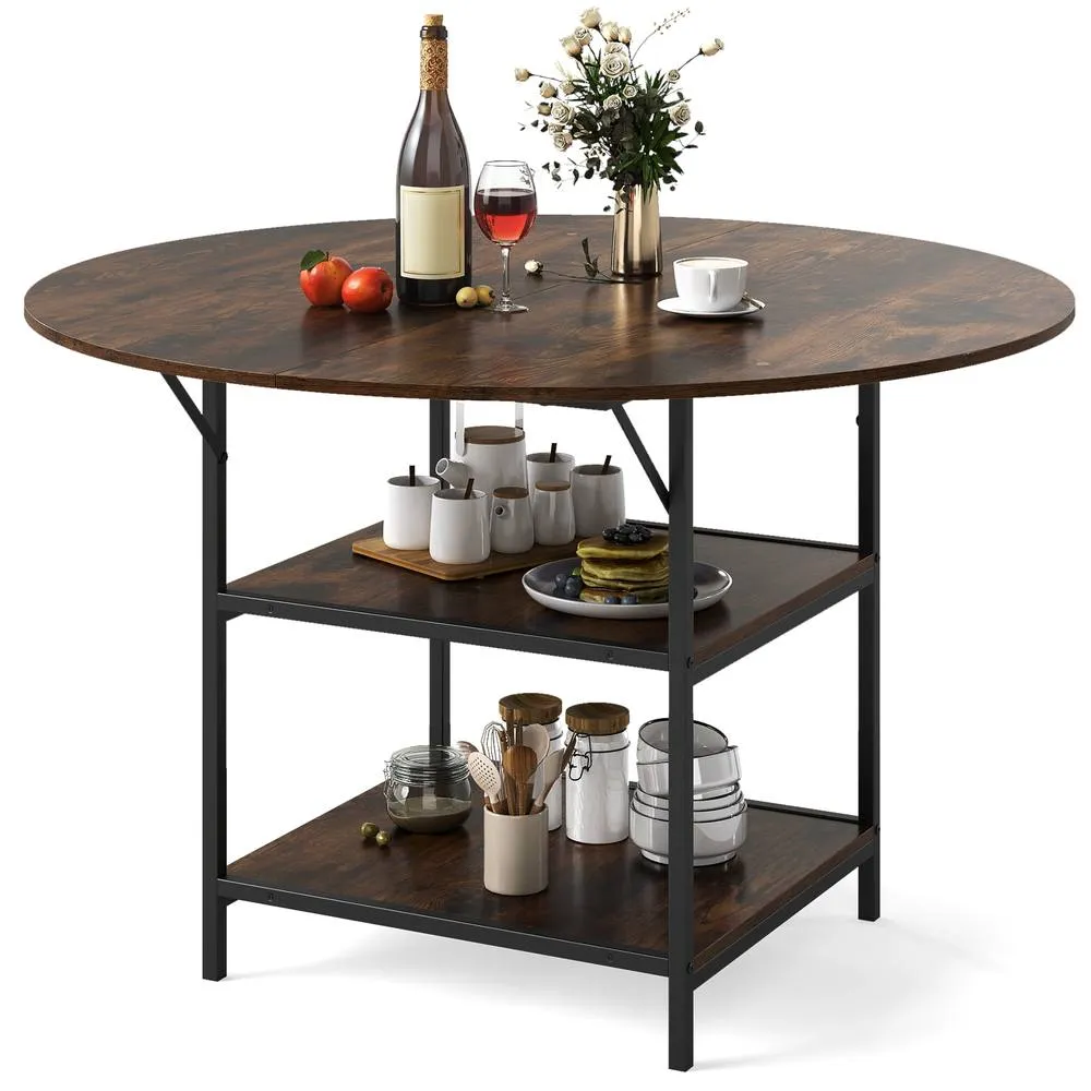 Costway 120 CM Round Dining Table Modern Kitchen Table w/ 2 Storage Shelf in Brown