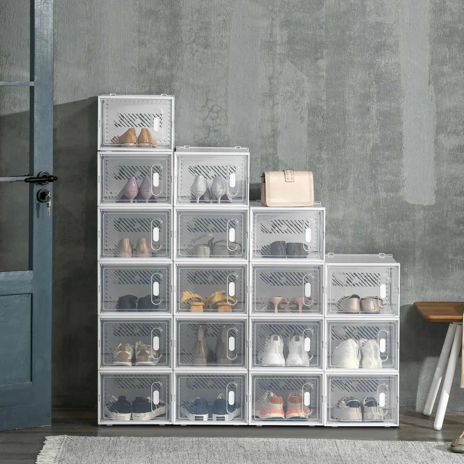 HOMCOM 18PCS Stackable Shoe Box Clear Plastic Shoe Storage Box for UK or EU
