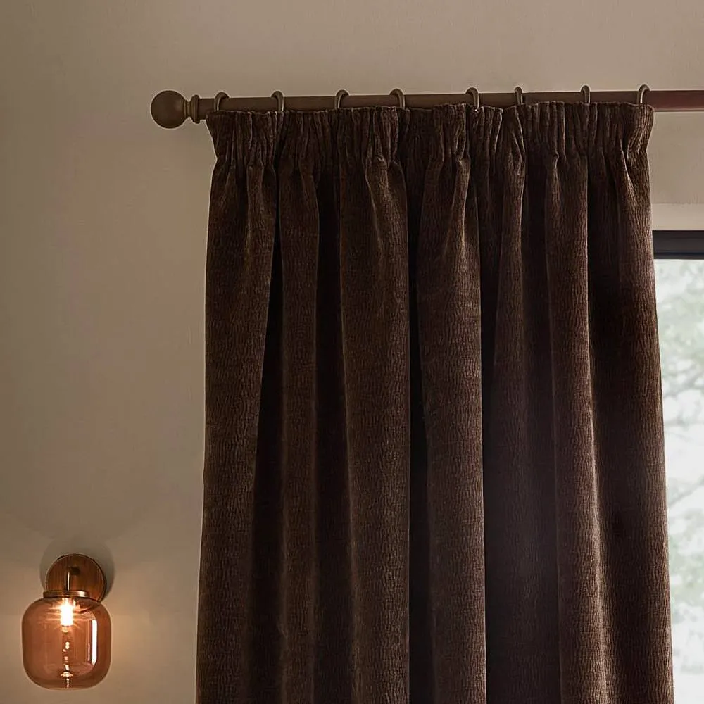Yard Heath Washed Velvet Fully Lined Pencil Pleat Curtain Pair in Brown 3