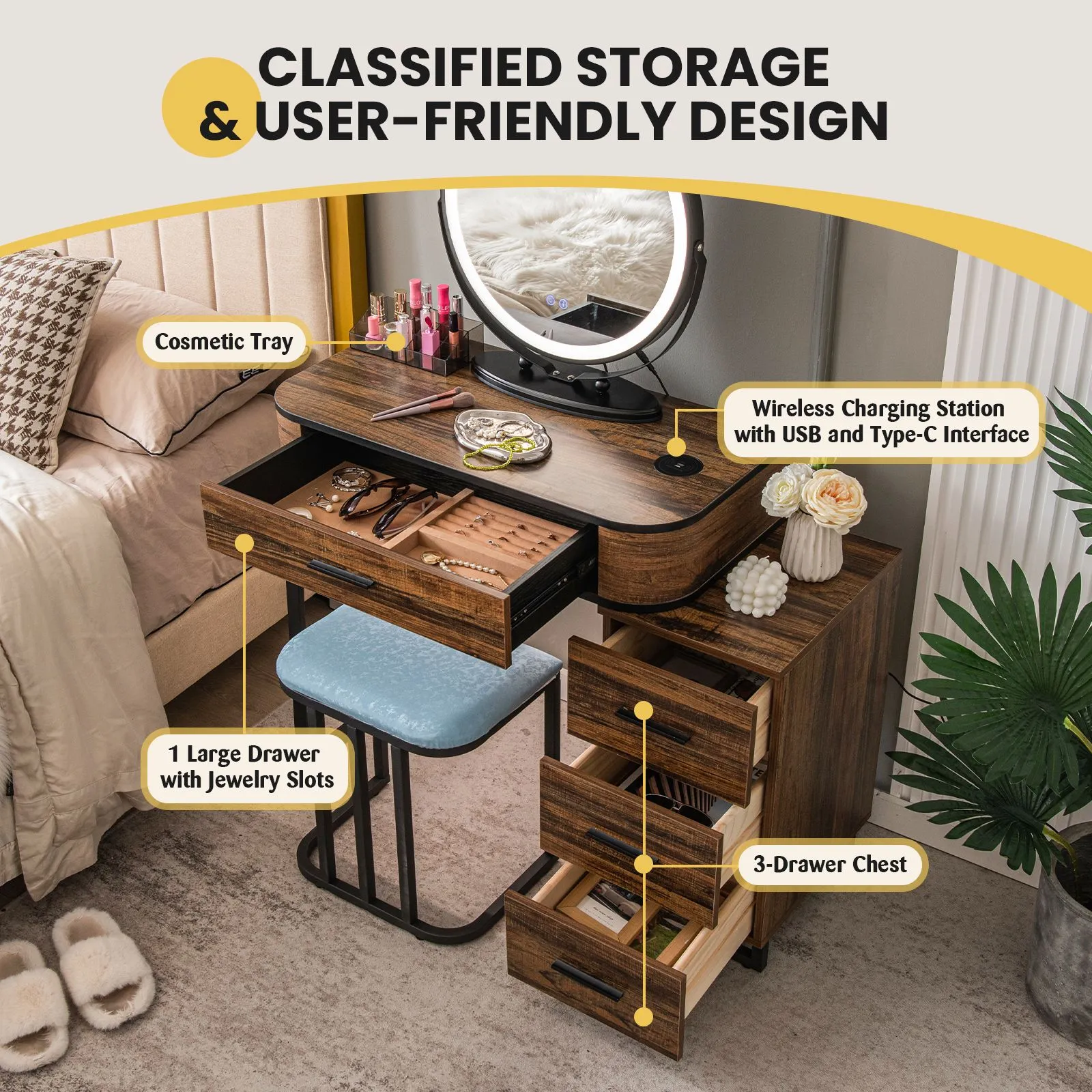 Costway Dressing Table Vanity Set Makeup Stool with Charging Station & 3 Color Lighted Swivel Mirror & 3 Drawer Chest in Brown 6