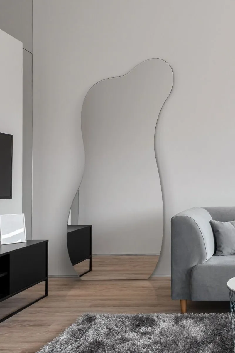 MirrorOutlet The Lacuna - Frameless Pond Leaner / Wall Mirror 55" X 24" (140CM X 60CM) in Silver