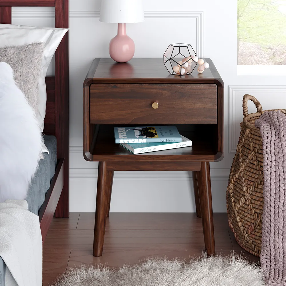 Rustic Walnut Wooden Bedside Table 1-Drawer Bedside Table with Brass Pull