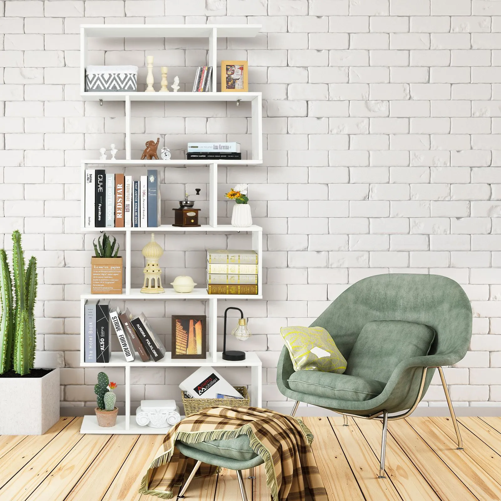 Costway 6-tier Bookcase Industrial S-Shaped Bookshelf Wooden Storage Display Rack in White 3