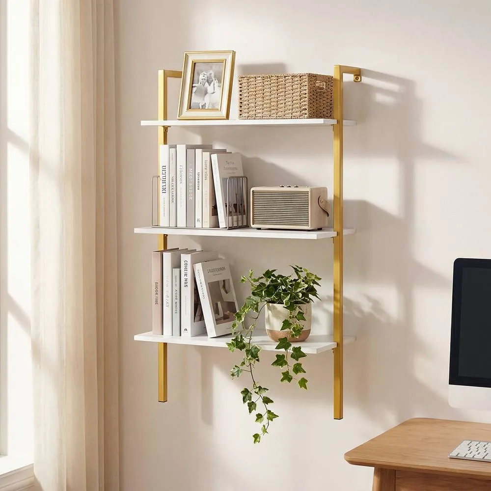 Costway 3-Tier Industrial Wall Mounted Bookshelf Wooden Floating Shelving Unit in White 5