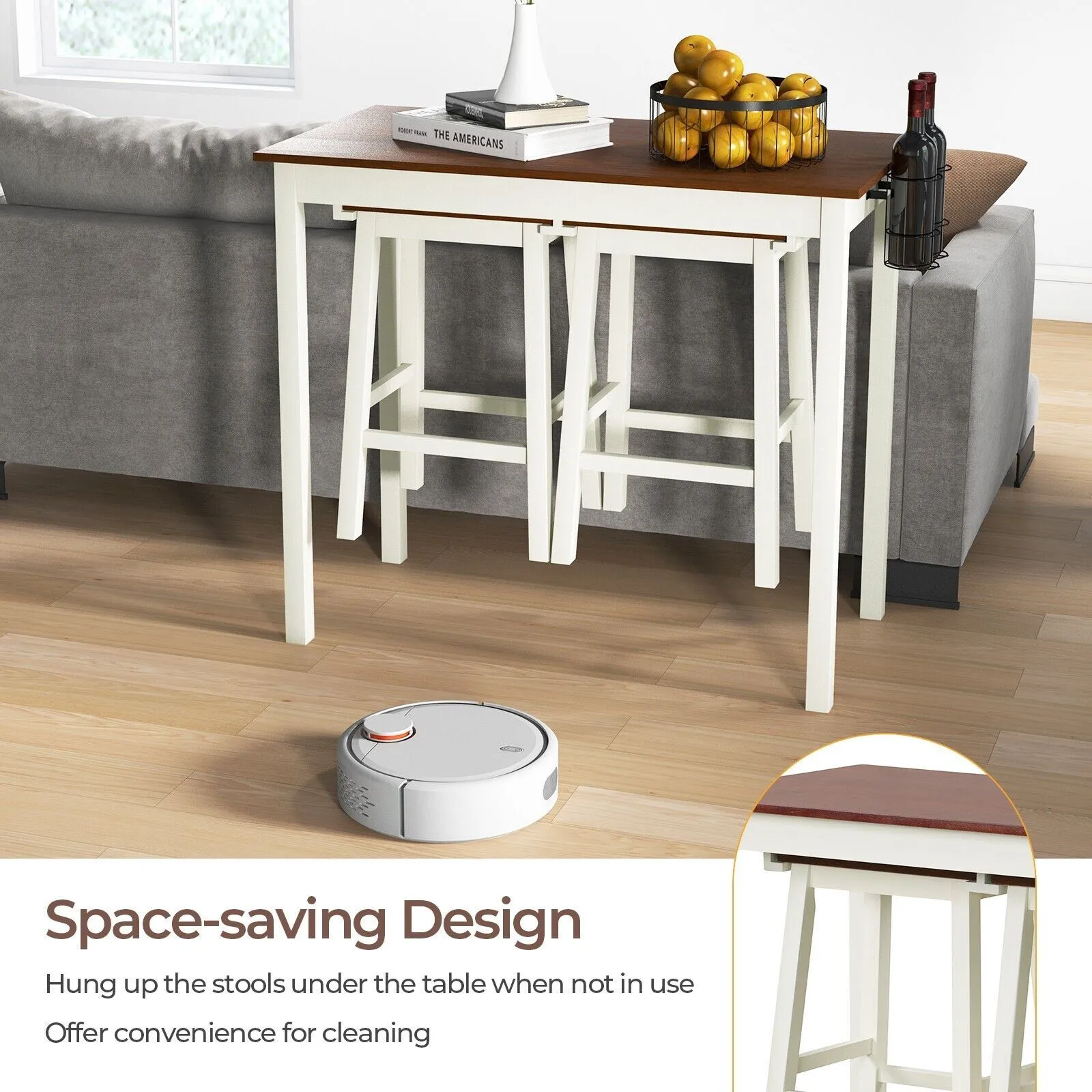 Costway 3Piece Bar Table Set Kitchen Counter Height Pub Table W/Bar Stools SpaceSaving in White 6