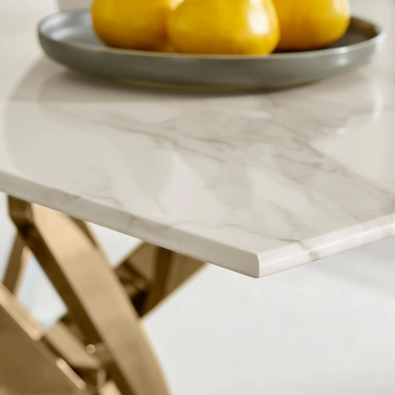 FurnitureboxUK Leonardo White Glass Marble Effect Gold Leg Table & 4 Milan Gold Leg Chairs in Beige 5