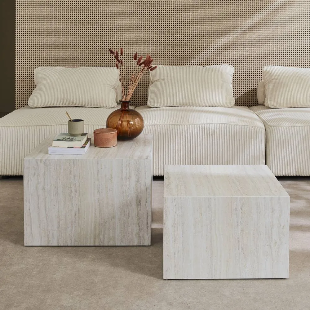 sweeek Pair Of Square Coffee Tables With Marble Effect in White 4
