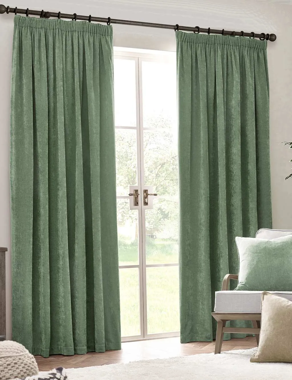 YARD Chenille Velvet Pencil Pleat Curtains Light Green