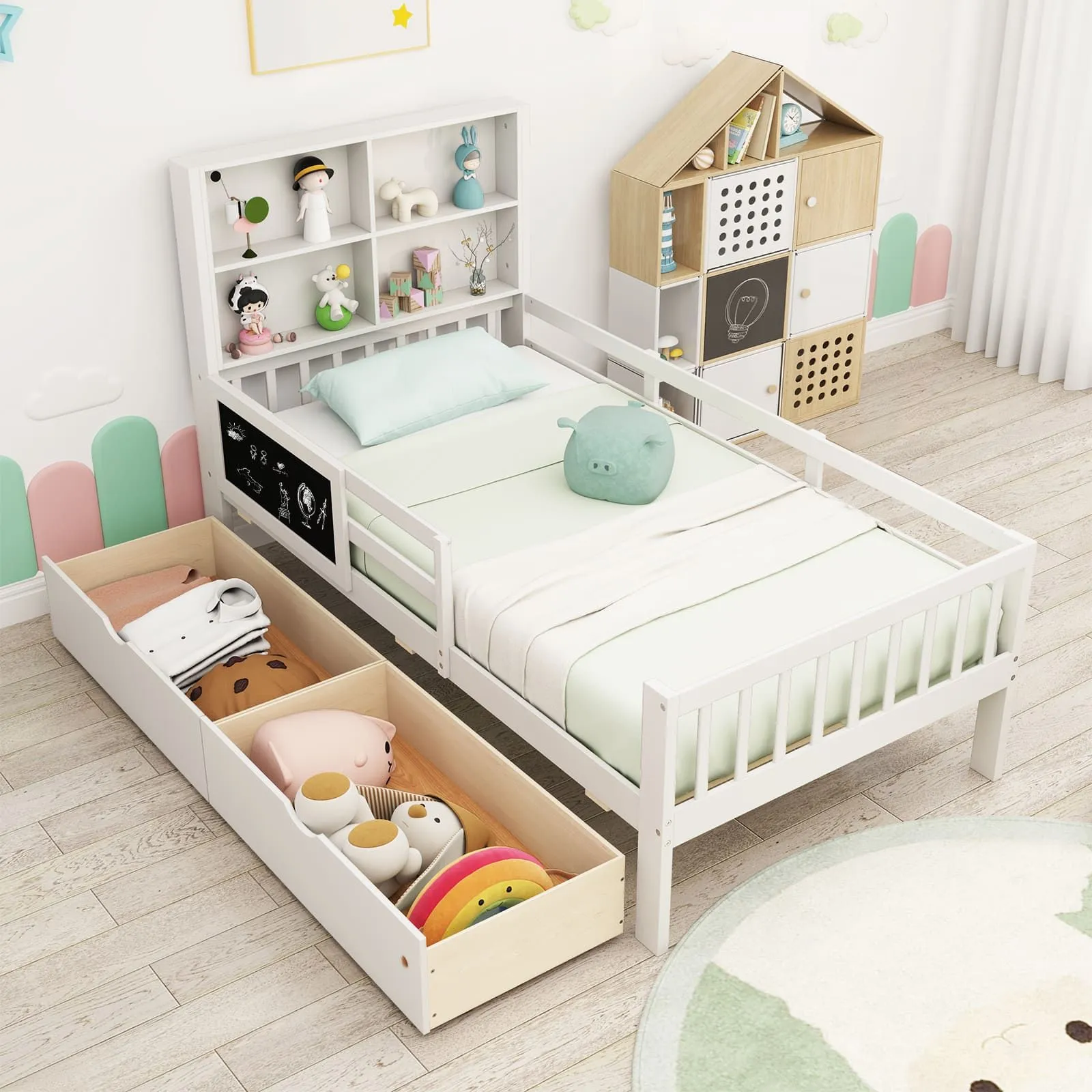 Costway Single Size Bed Frame Solid Wood Platform Bed w/2 Storage Drawers in White 3