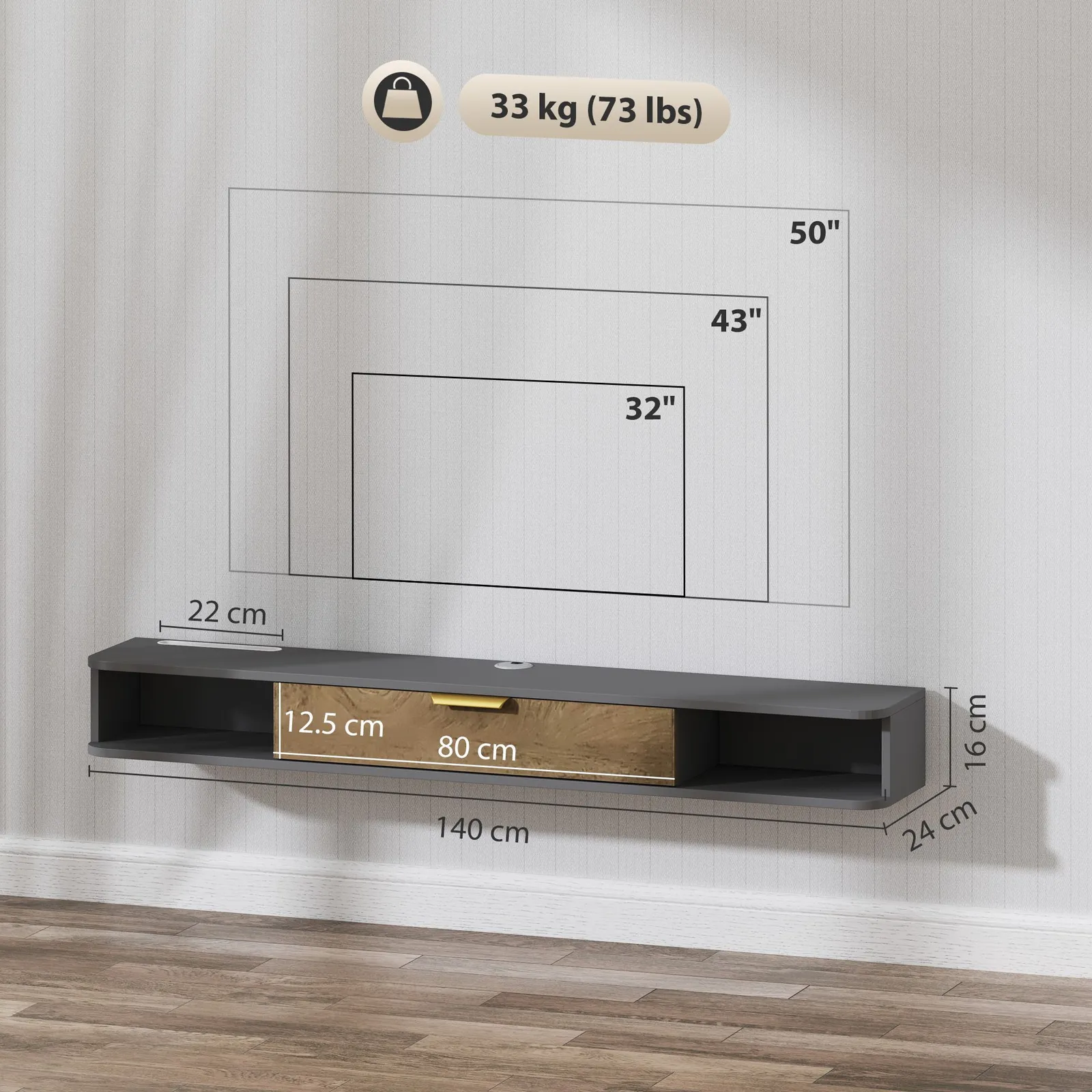 HOMCOM 140 cm Floating TV Unit with Storage Entertainment Media Console Grey in Dark Grey 3