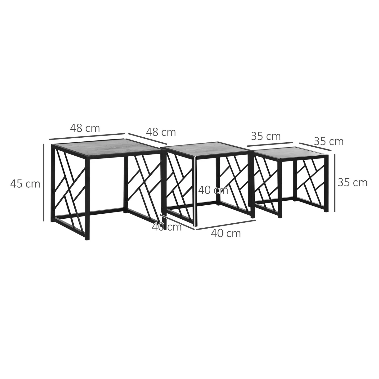 HOMCOM Set of 3 Nesting Coffee Tables Square Side Tables with Metal Frame in Grey 3