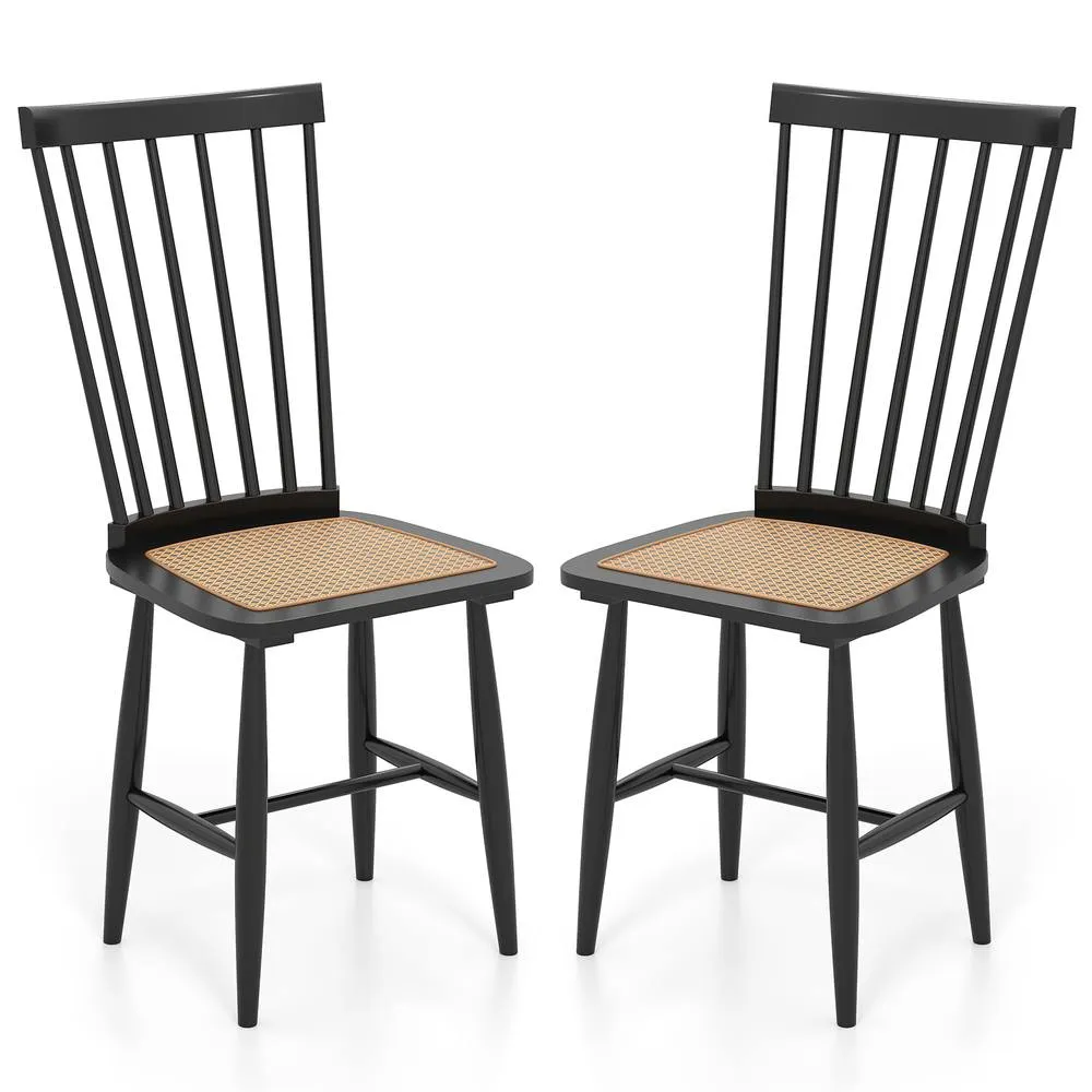 Costway 2PCS Windsor Dining Chair Wooden Chairs w/Spindle Back &PE Rattan Seat in Black