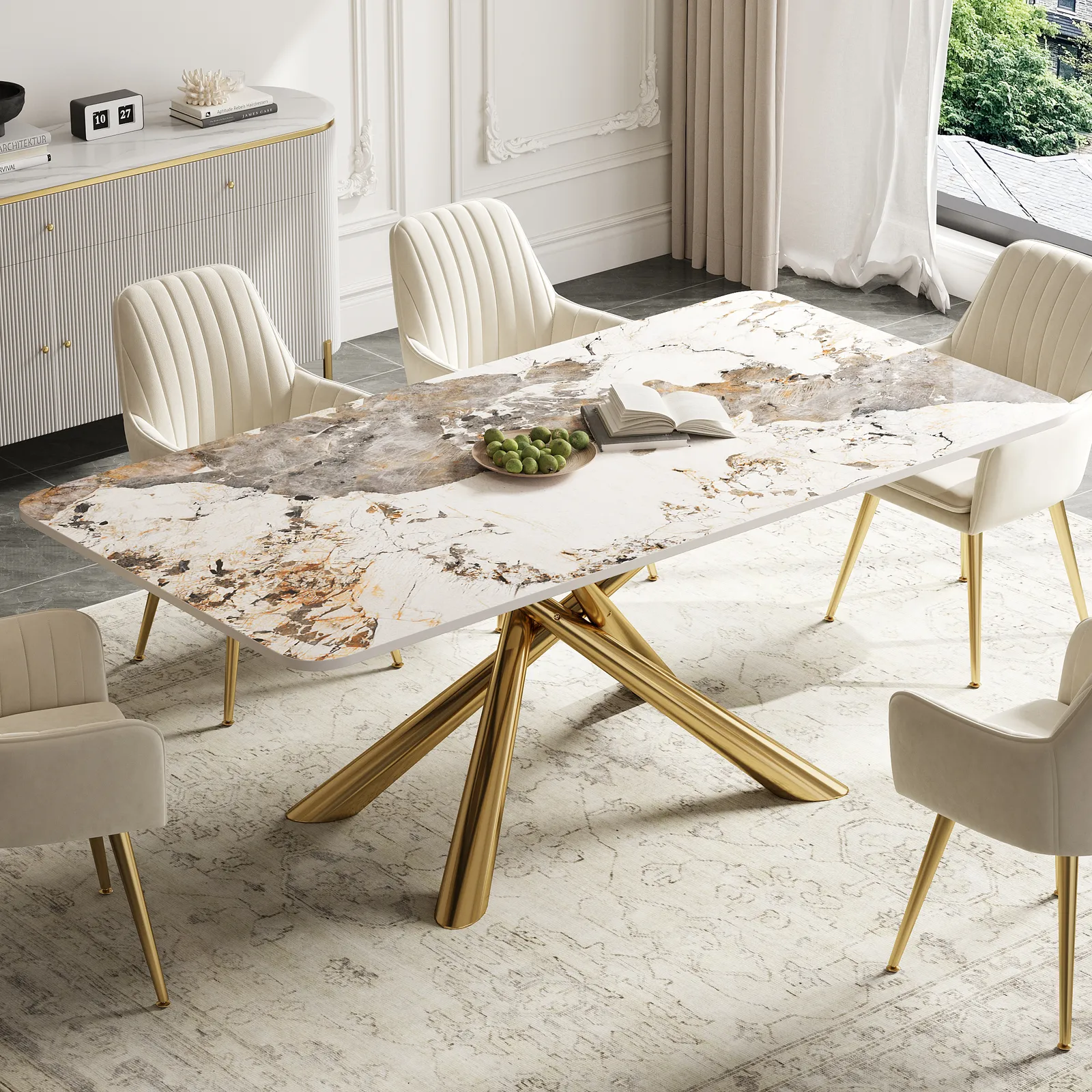 160 cm Modern Stone Top Rectangle Dining Table in Pandora & Gold with Trestle