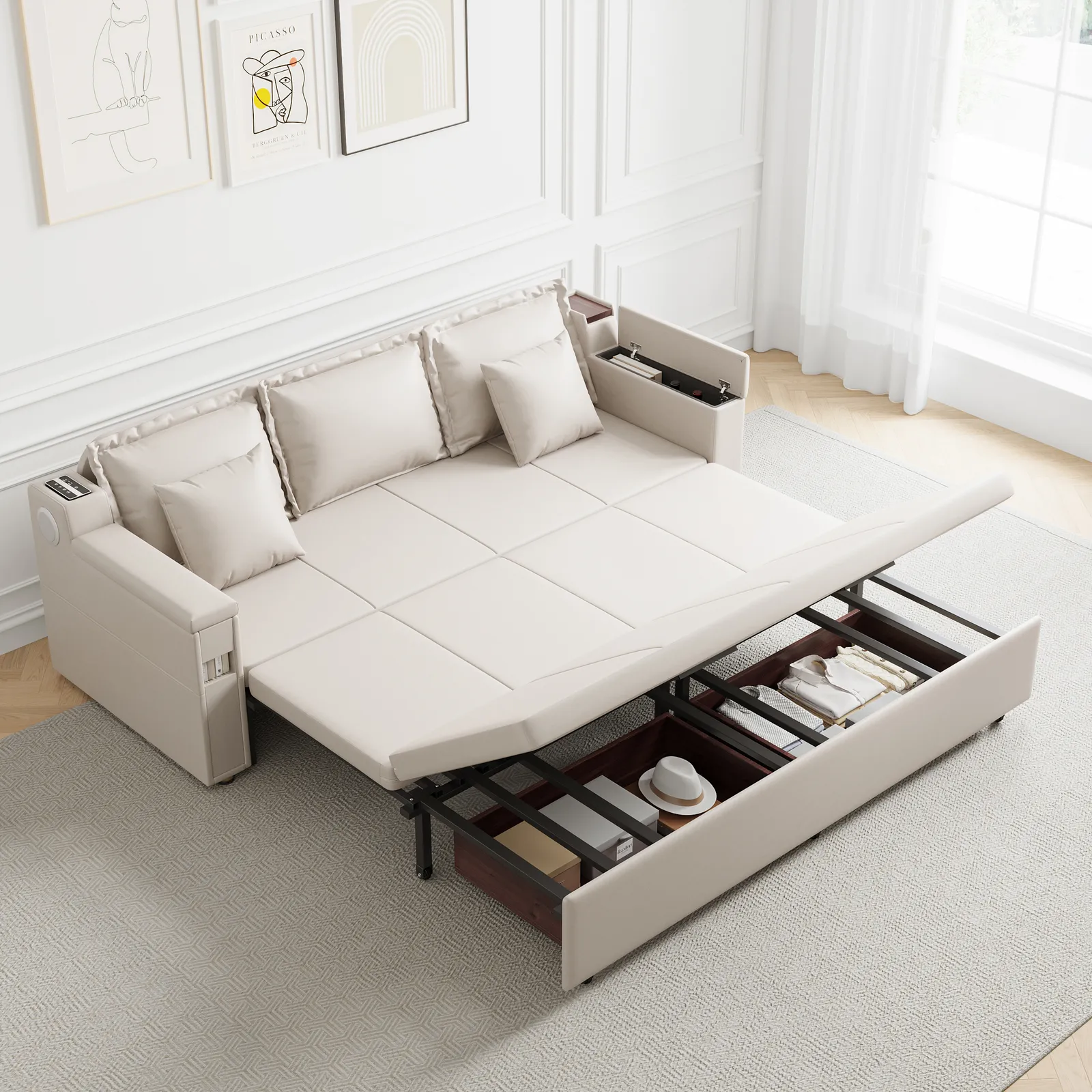 82.7" Convertible Bed Full Sleeper Sofa Leath-aire Upholstered Storage with Speaker
