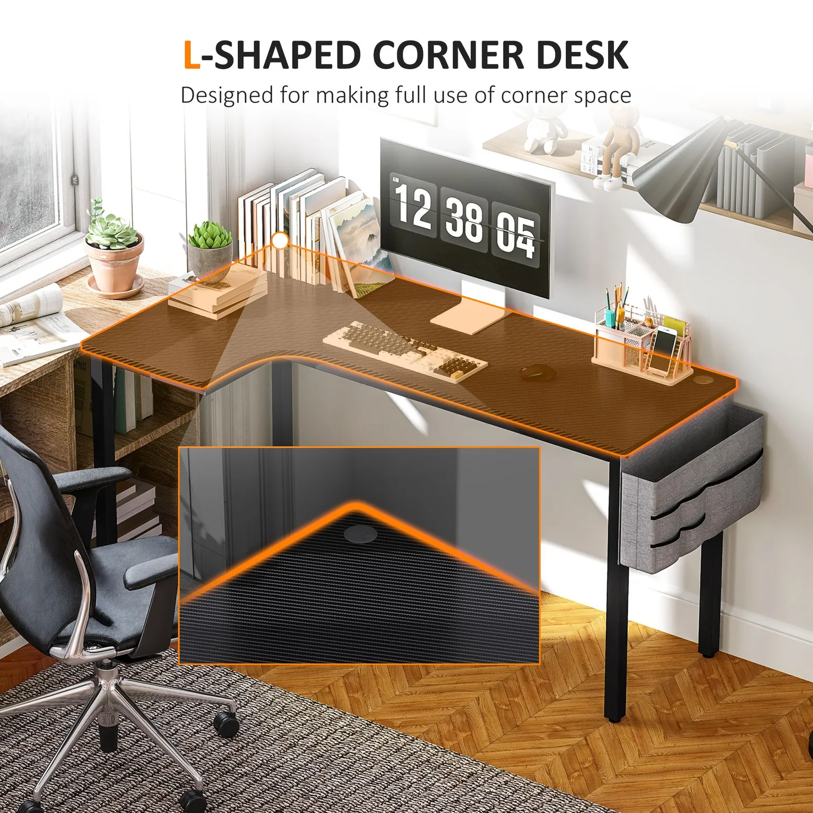 HOMCOM L-Shaped Corner Desk Computer with Fabric Bag & Hooks, Black 4