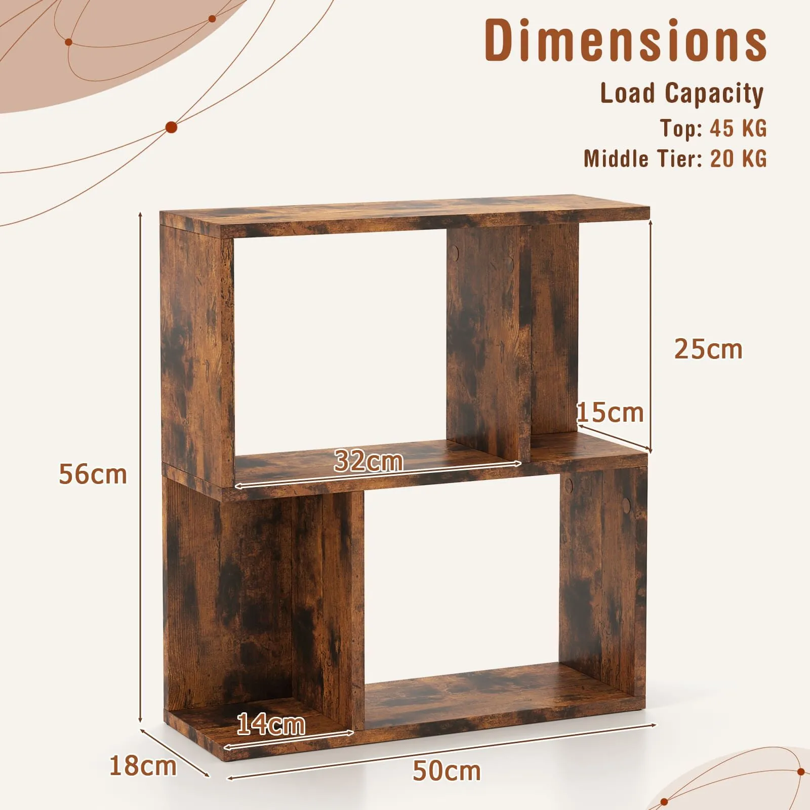 Costway 3-Tier Bookshelf Display Shelf for Small Space Freestanding Side Table Rustic Brown 2