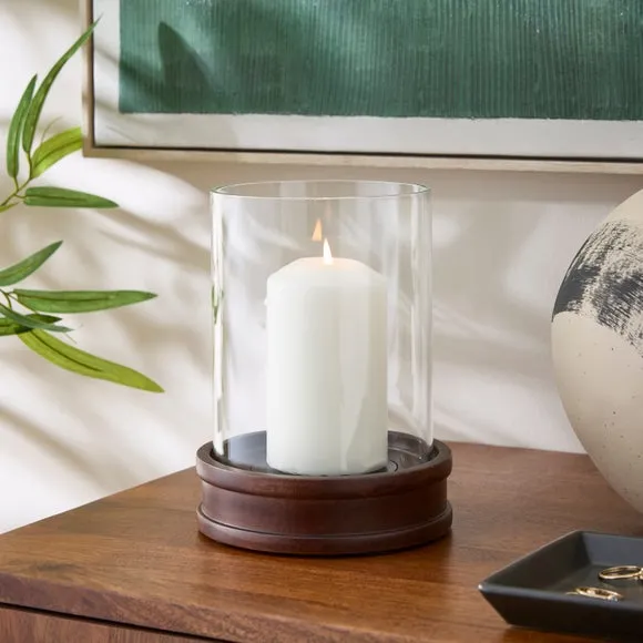 Turned Dark Mango Wood & Glass Hurricane Candle Holder
