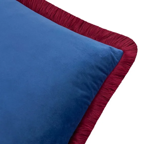 Furn Halo Fringed Velvet Cushion Navy/Burgundy 50 X 50Cm, Blue 3