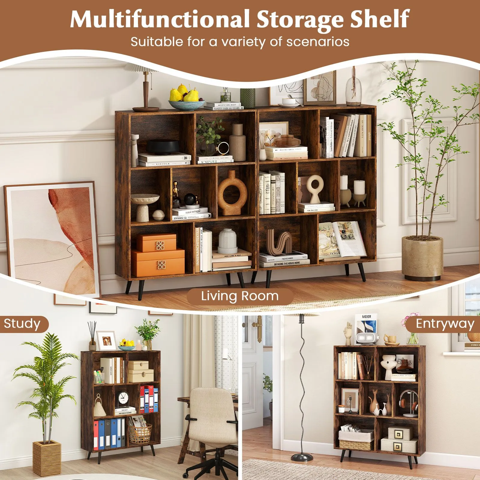 Costway 7-Cube Bookcase Mid Century Modern Storage Organizer in Brown 6