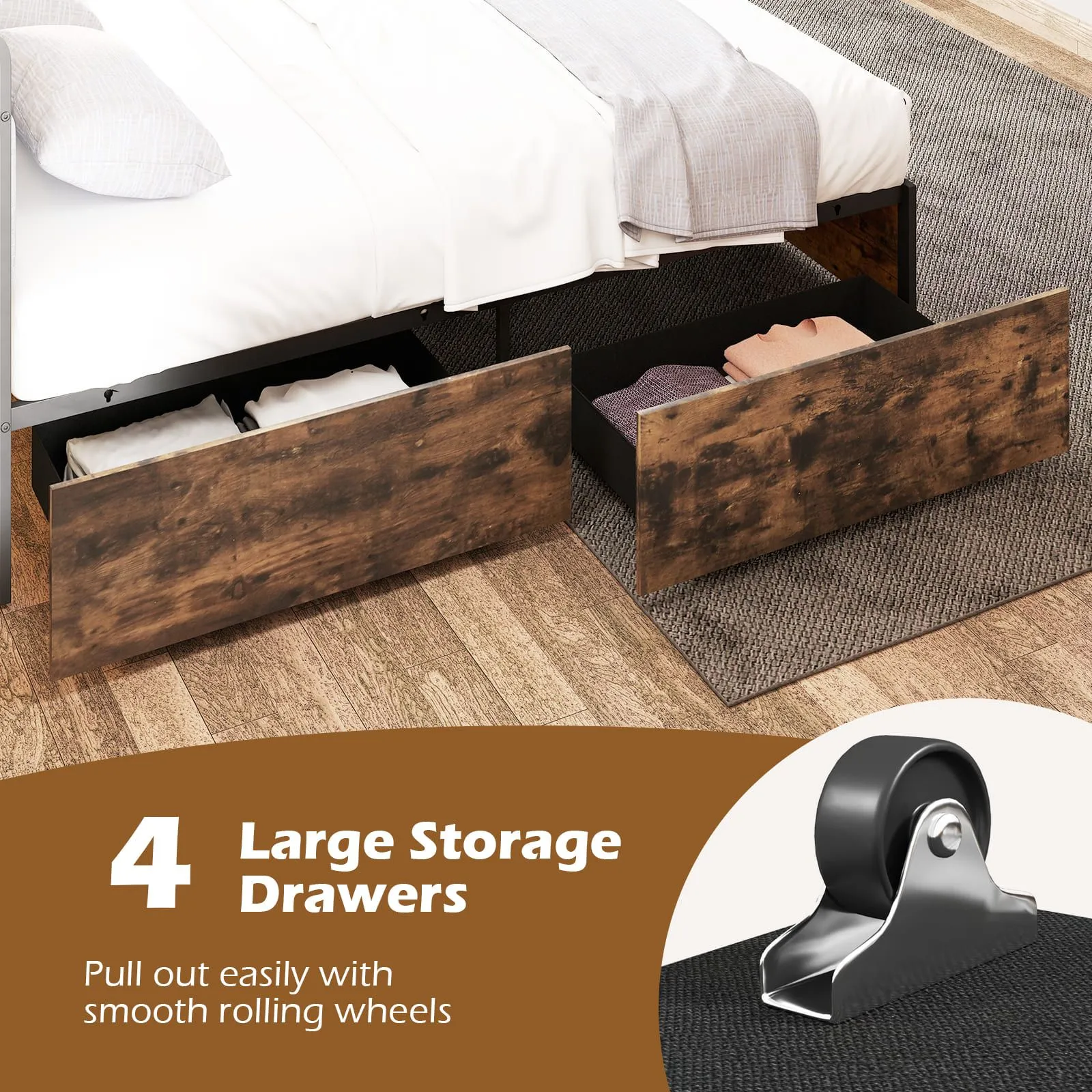 Costway Double Bed Platform Bed with LED Lights & USB Power Outlets in Brown 6