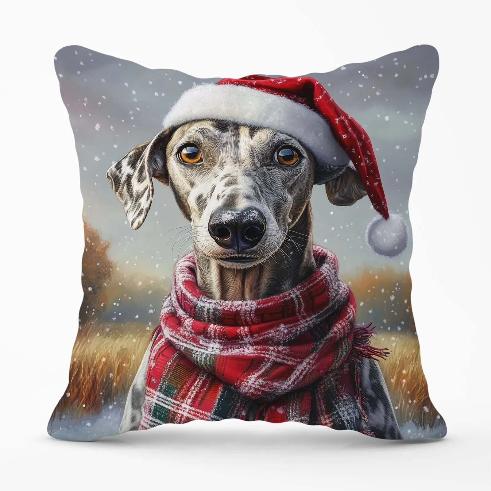 Warren Reed - Designer Snowy Christmas Greyhound Cushion in Grey