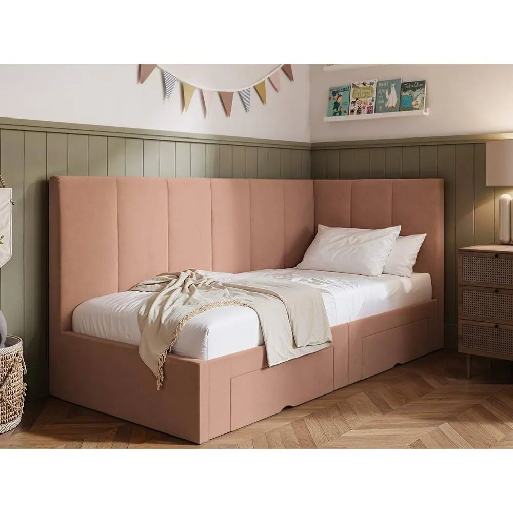 Flair Harley Corner Fabric Bed Frame with Storage Drawers in Pink