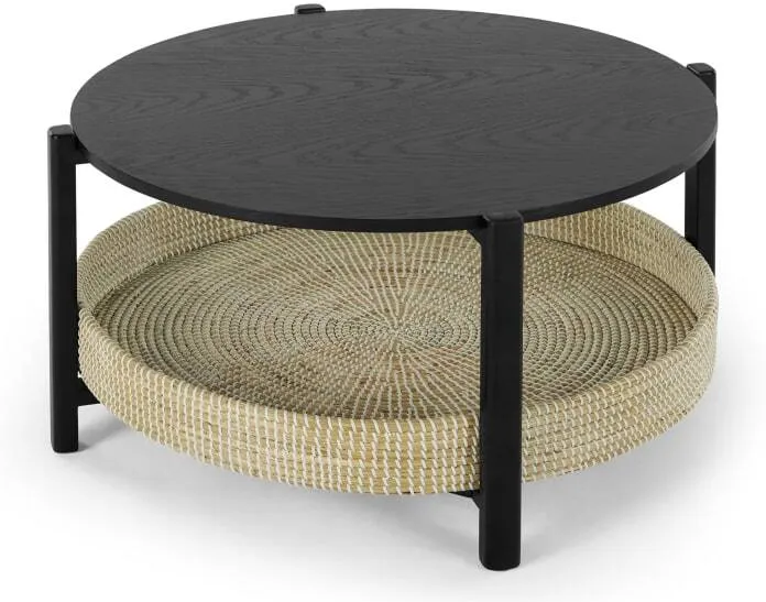 Pipel Coffee Table, Black Stain and Rattan