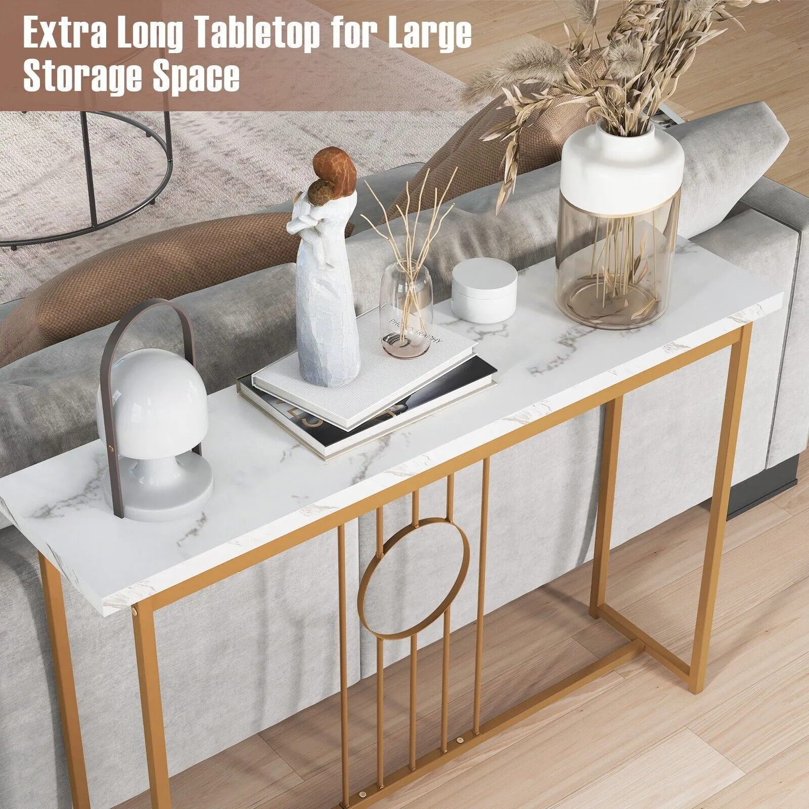 Costway 120cm Narrow Console Table Faux Marble Sofa Side End Table W/ Metal Frame in Gold 3