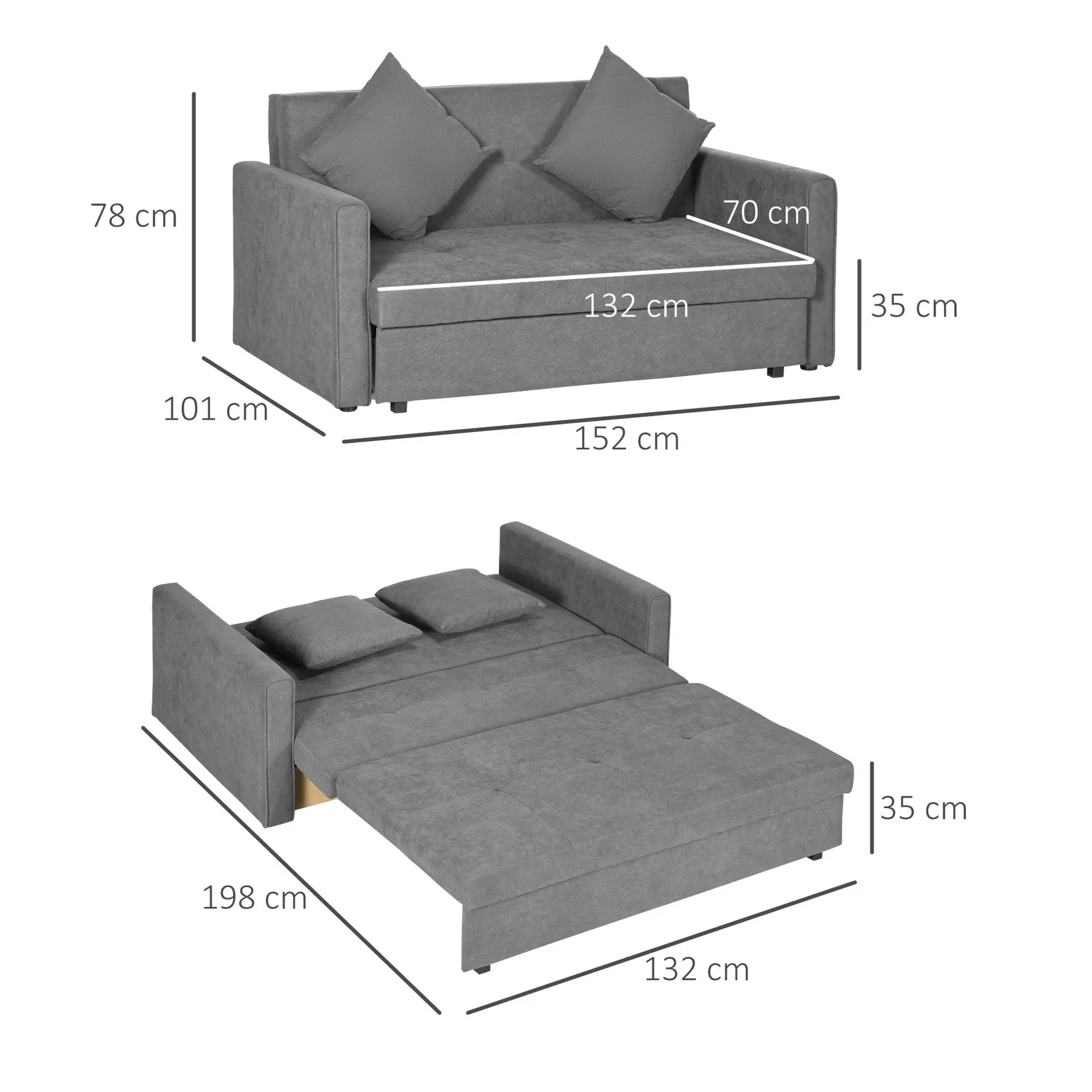 HOMCOM Convertible 2 Seater Sofa Bed with 2 Cushions Storage for Living Room in Grey 3