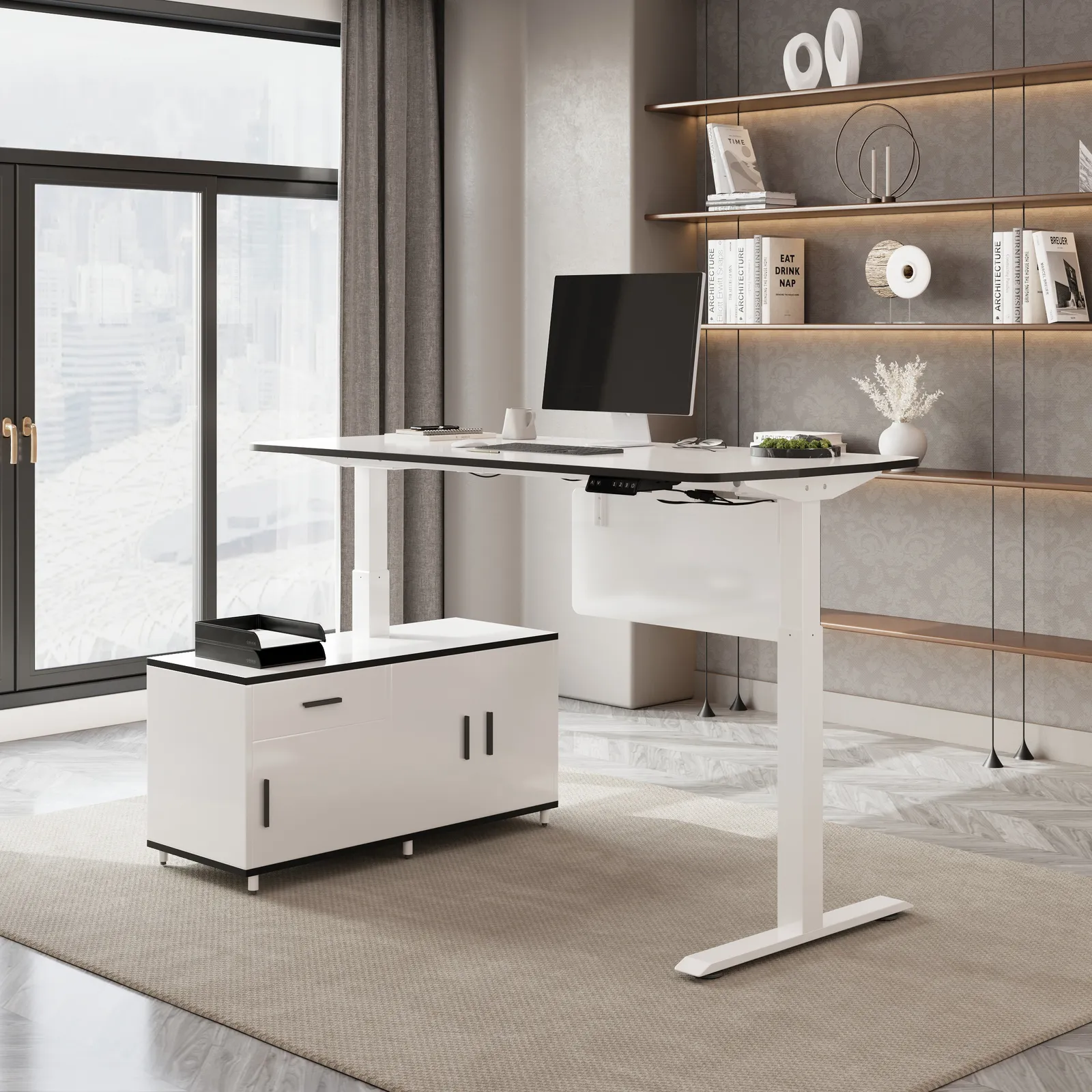 L Shaped Executive Office Desk Standing Desktop with 3 Doors & Drawer White Office Furniture Left Hand(1600mm)